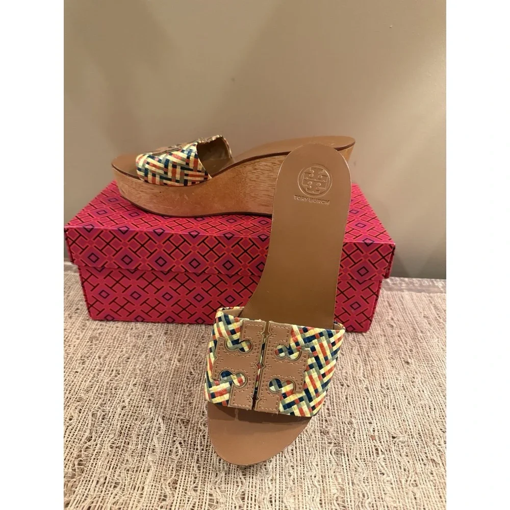 Tory Burch Ines Woven Multicolor Raffia Wedge Platform‎ Slide Sandals Sz-8